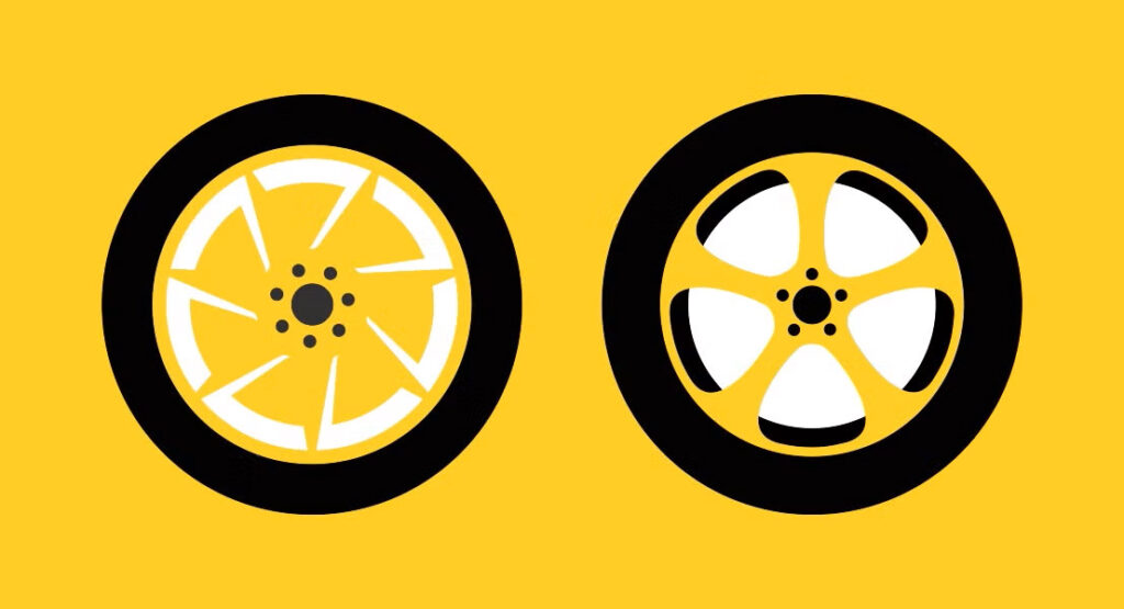 Two yellow and black wheels on a bright yellow background, showcasing a vibrant and dynamic design.